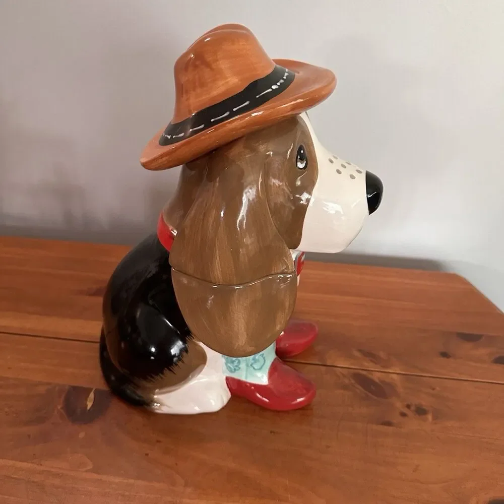 The Pioneer Woman Charlie Cookie Jar Blue Boots Basset Hound Dog Cowboy Hat -12”